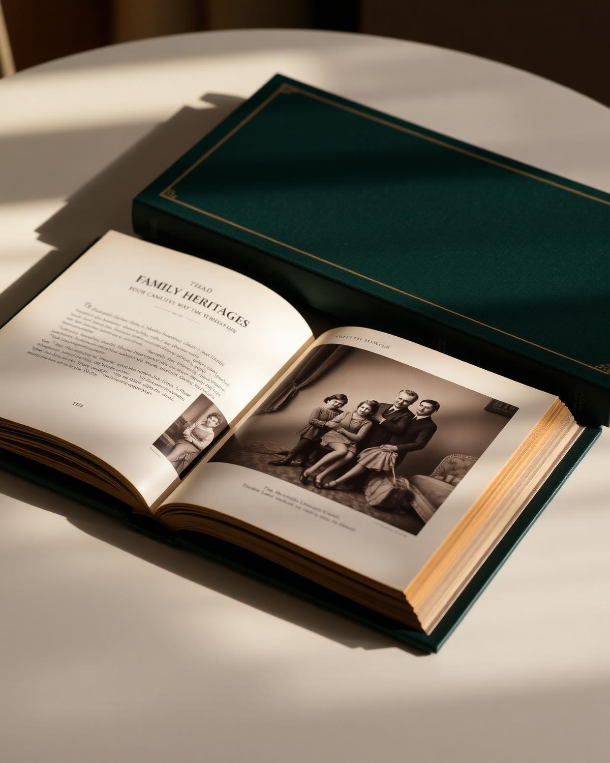Hardcover family heritage book bound in forest linen with gold embossing