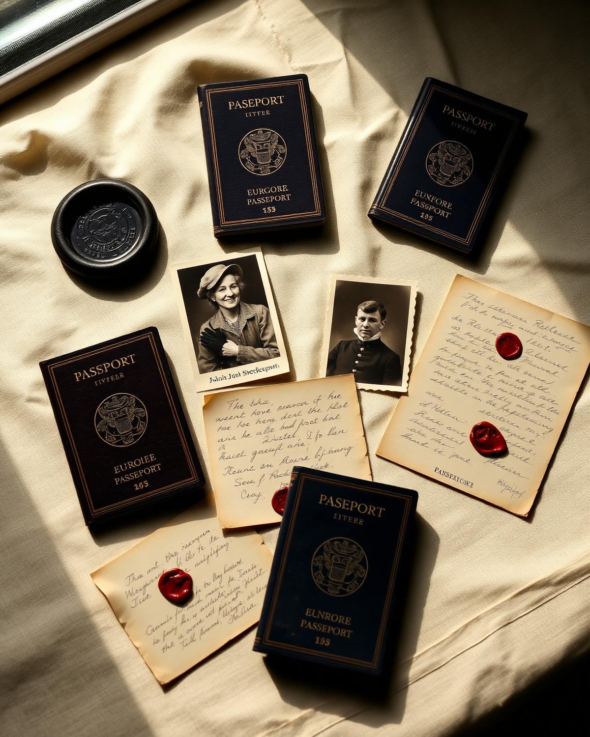 Antique passports, sepia photographs and handwritten letters
