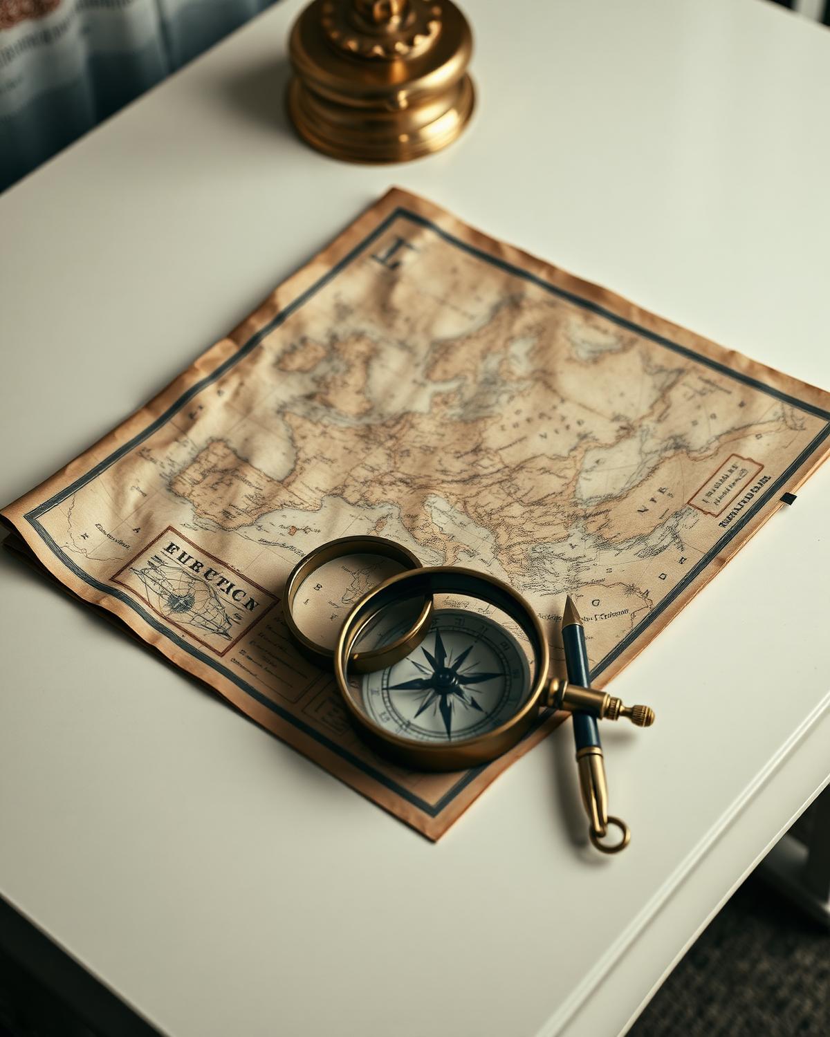 Antique European map with magnifying glass and vintage compass